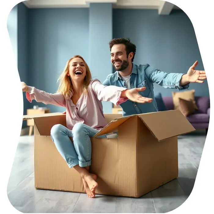 Two guys sitting on the floor of their apartment with Muval moving boxes